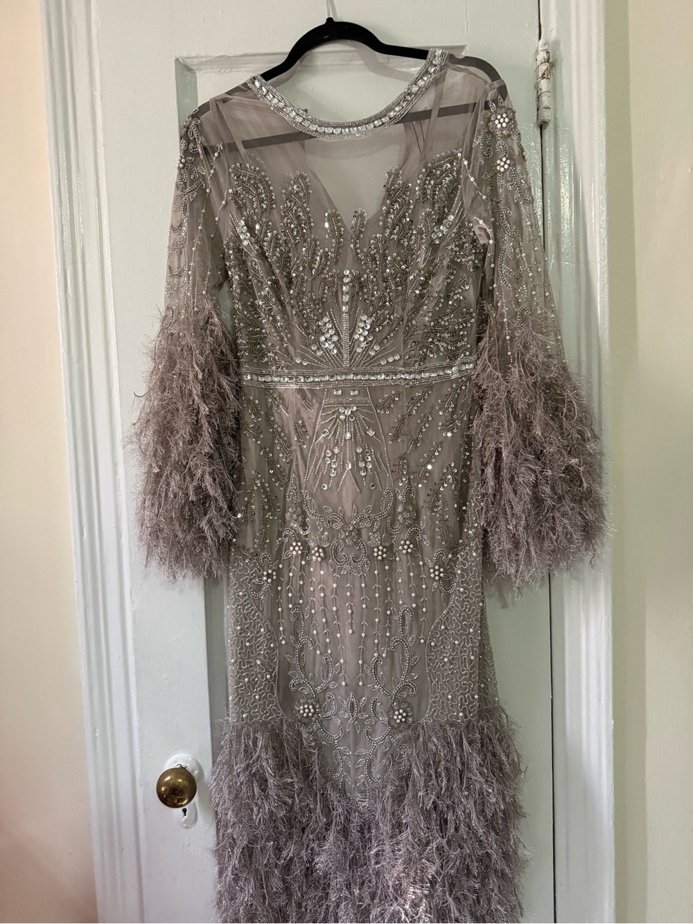 ASOS Mauve Beaded Feather-Trim Midi Dress